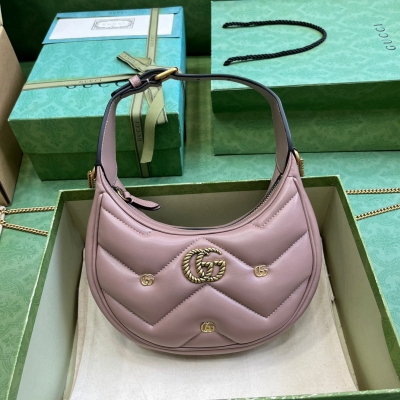 GUCCI古馳 GG Marmont 雙G鉚釘半月造型迷你手...