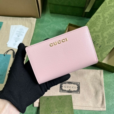 GUCCI古馳 飾手寫體Gucci標識粉色全拉鍊錢包 772...