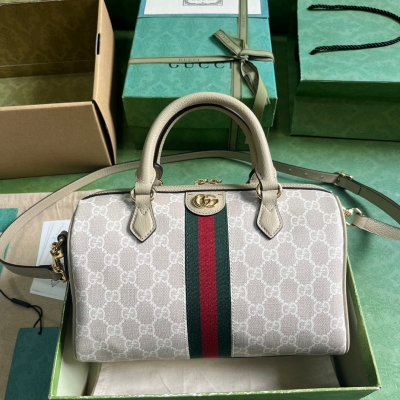 GUCCI古馳 Ophidia系列 燕麥色經典GG小號手提包...