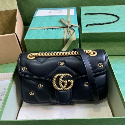GUCCI古馳 GG Marmont系列 黑色原廠皮鉚釘中號...