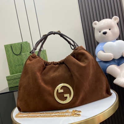 GUCCI古馳 Blondie系列 棕色絨面大號托特包 74...