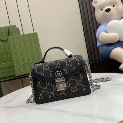 GUCCI古馳 Ophidia系列 黑色牛仔布GG迷你手提包...