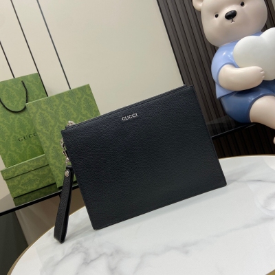 GUCCI古馳 黑色原廠皮GG全皮男士手拿包 771319