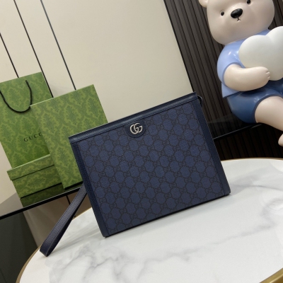 GUCCI古馳 Ophidia系列 藍色GG皮繩手拿包 76...