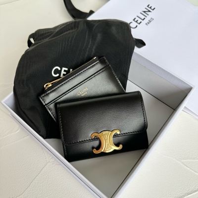 CELINE TRIOMPHE 黑色小牛皮零錢短錢包 100...