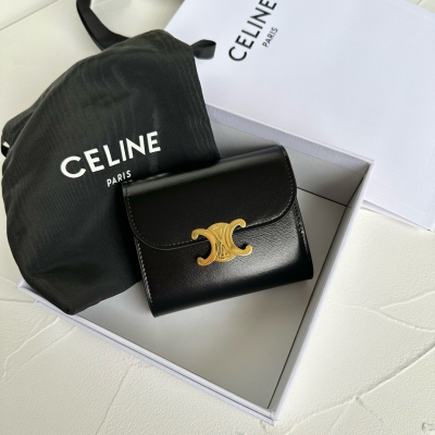 CELINE TRIOMPHE 小號黑色牛皮革短款錢包 10...