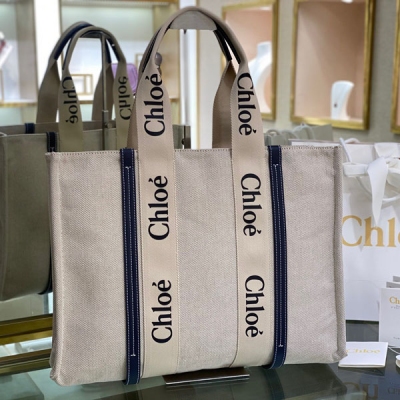 Chloe克洛伊 Woody Tote Bag 帆布配藍皮女...