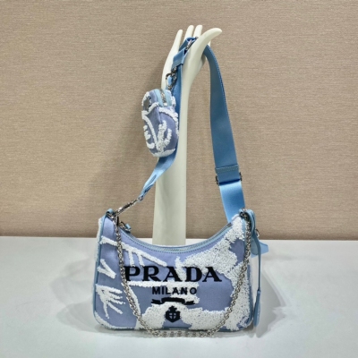 PRADA普拉達 Re-Edition 藍色刺繡三合一手袋 ...