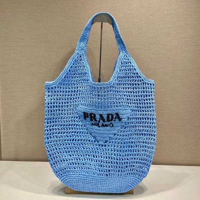 PRADA普拉達 刺繡酒椰纖維藍色托特包 1BG424