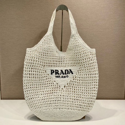 PRADA普拉達 三角形徽標酒椰纖維托特包 1BG424