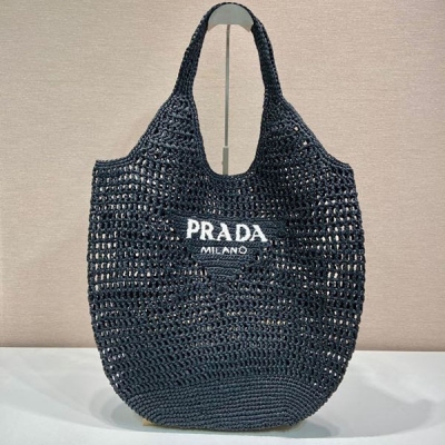 PRADA普拉達 新款黑色酒椰纖維托特包 1BG424